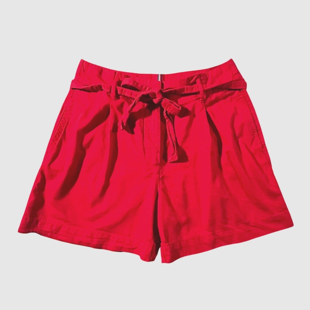 Tommy Hilfiger Shorts Womens 6 Red‎ Cotton Linen Pleated Tie Waist High Rise